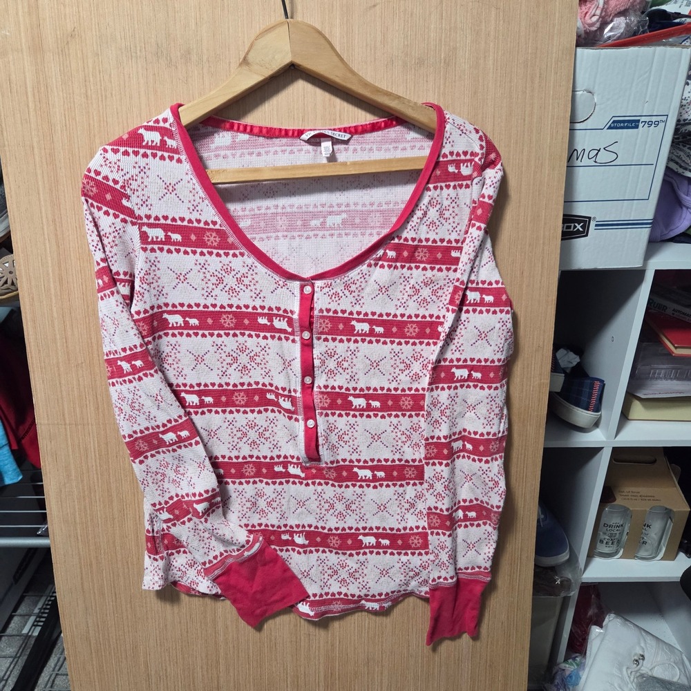 Victoria's Secret Pajama Top‎ Thermal Knit Holiday Polar Bear Print Medium